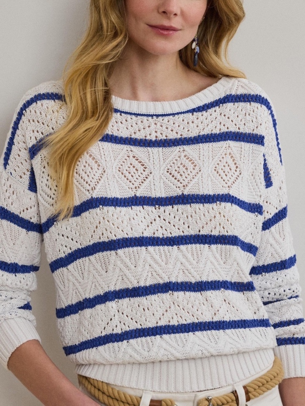Lauren Ralph Lauren Marris Long-Sleeve Striped Pointelle Sweater Pullover Large - Picture 2 of 6
